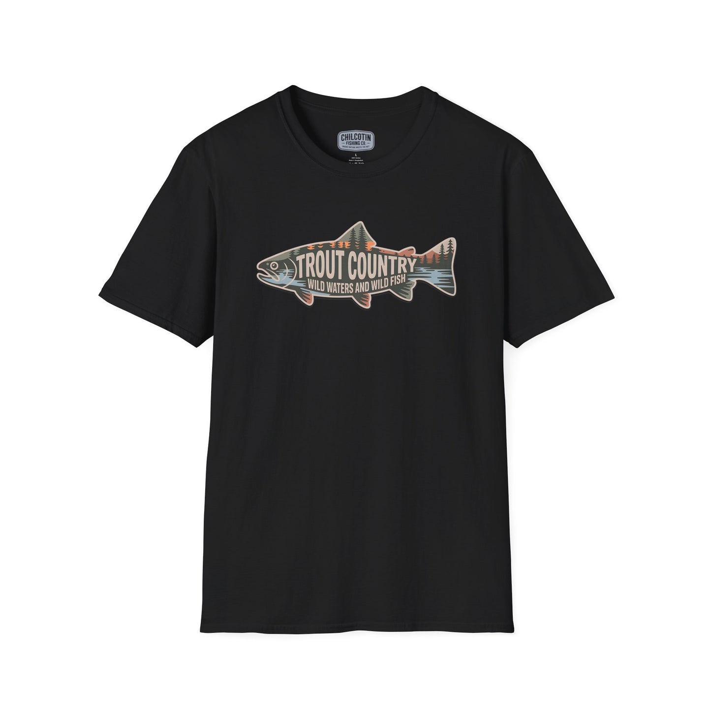 Black t-shirt with a fish graphic and 'Trout Country' text on a white background
