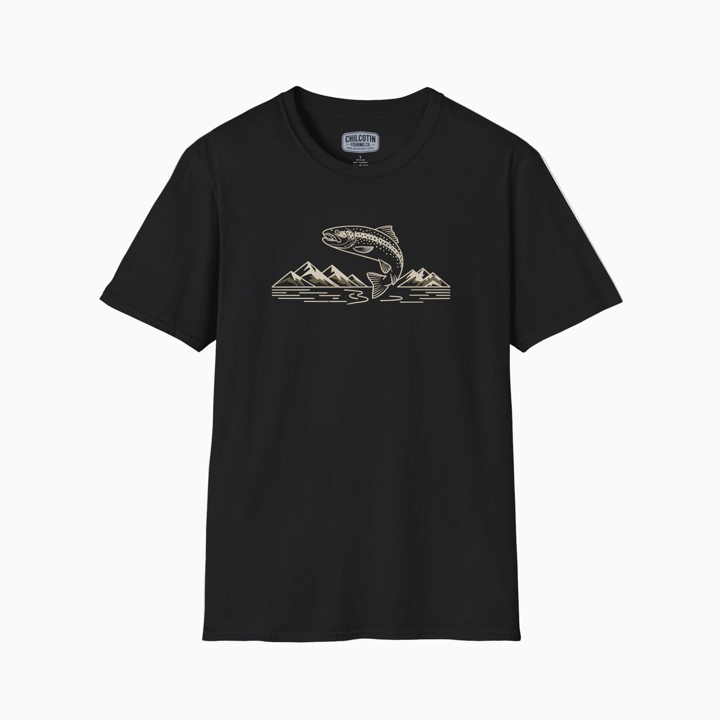 Black t-shirt with graphic design on a white background