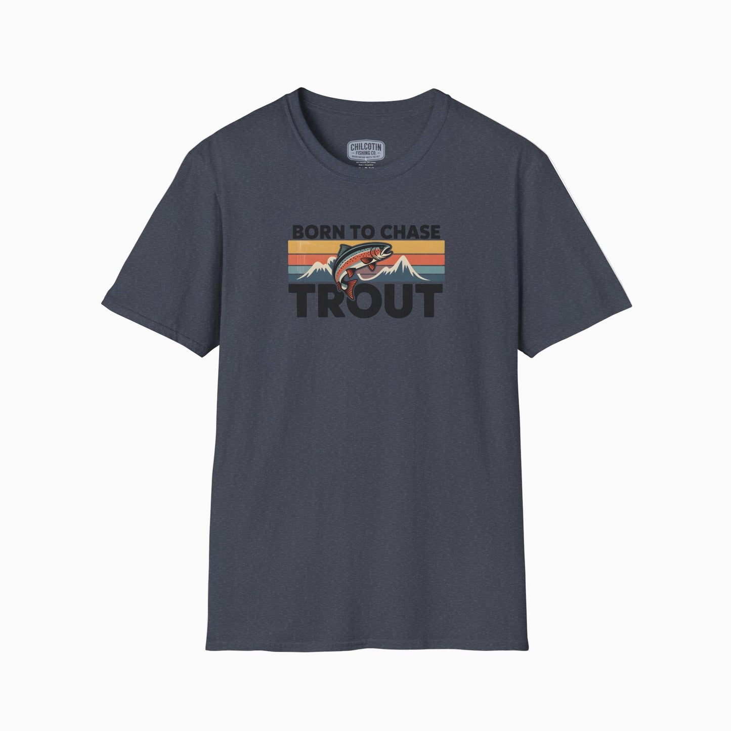 Gray t-shirt with 'Born to Chase Trout' graphic on a white background