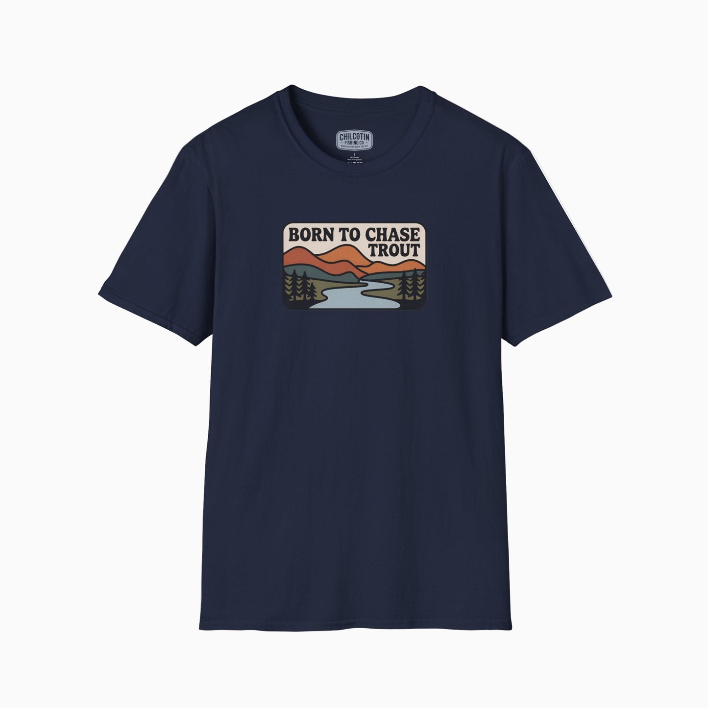 Navy blue t-shirt with a graphic design on a white background