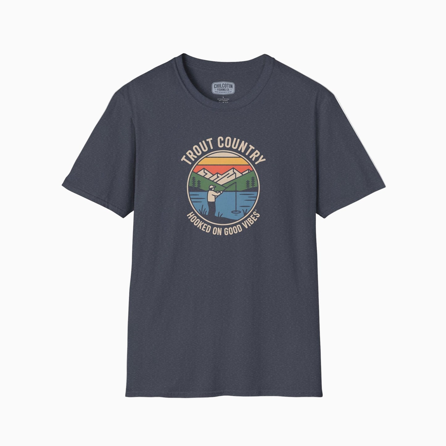 Gray t-shirt with 'Trout Country' graphic design on a white background
