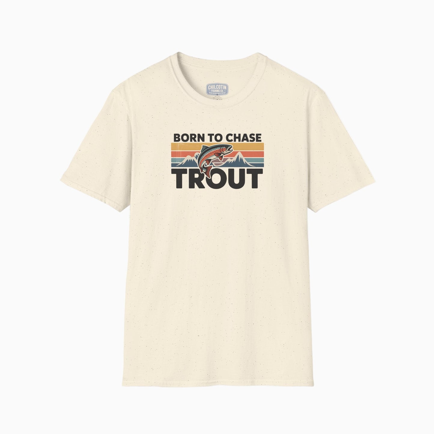Beige t-shirt with 'Born to Chase Trout' graphic on a white background