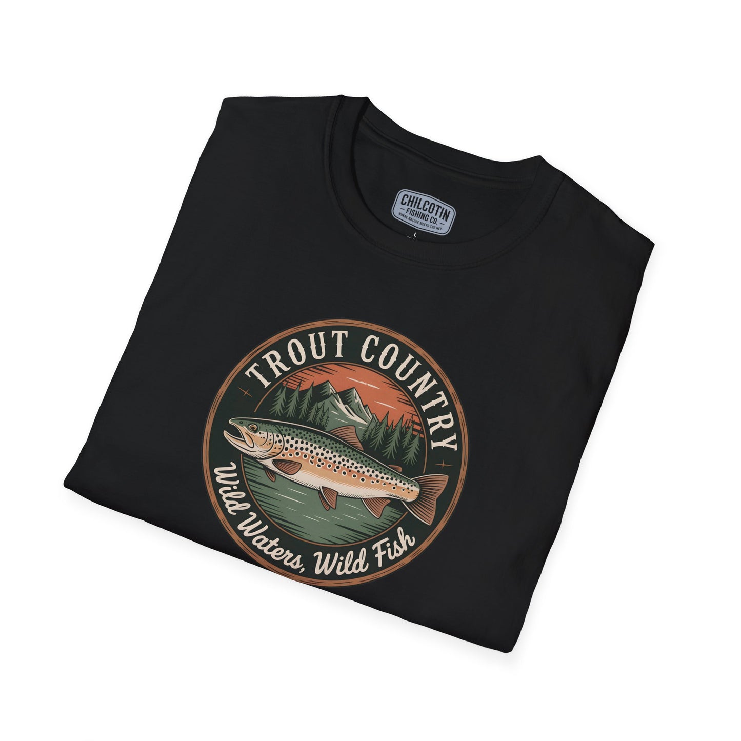 Close-up of brown trout badge design on Brown Trout Country T-Shirt