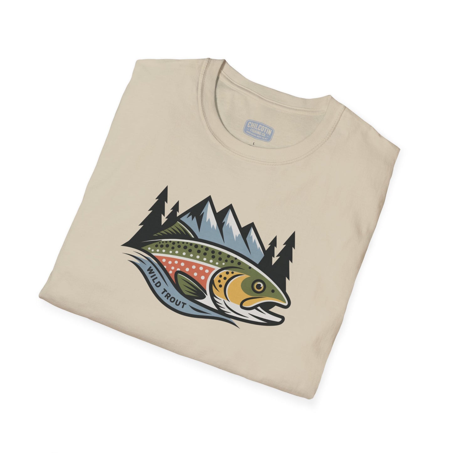 Folded beige t-shirt with a fish and mountain graphic on a white background