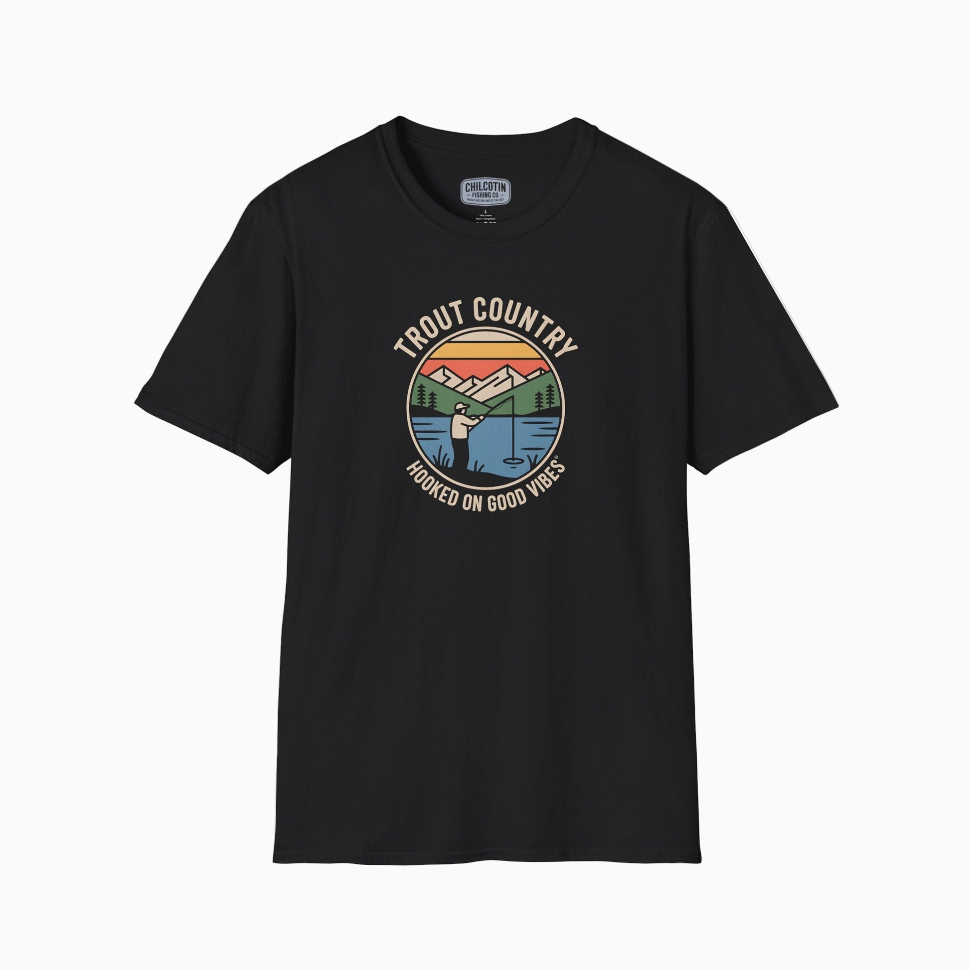 Black t-shirt with a graphic design on a white background