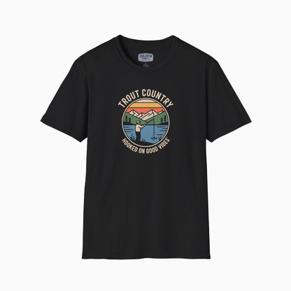 Black t-shirt with a graphic design on a white background