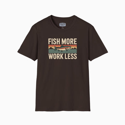 Brown t-shirt with 'Fish More Work Less' graphic on a white background