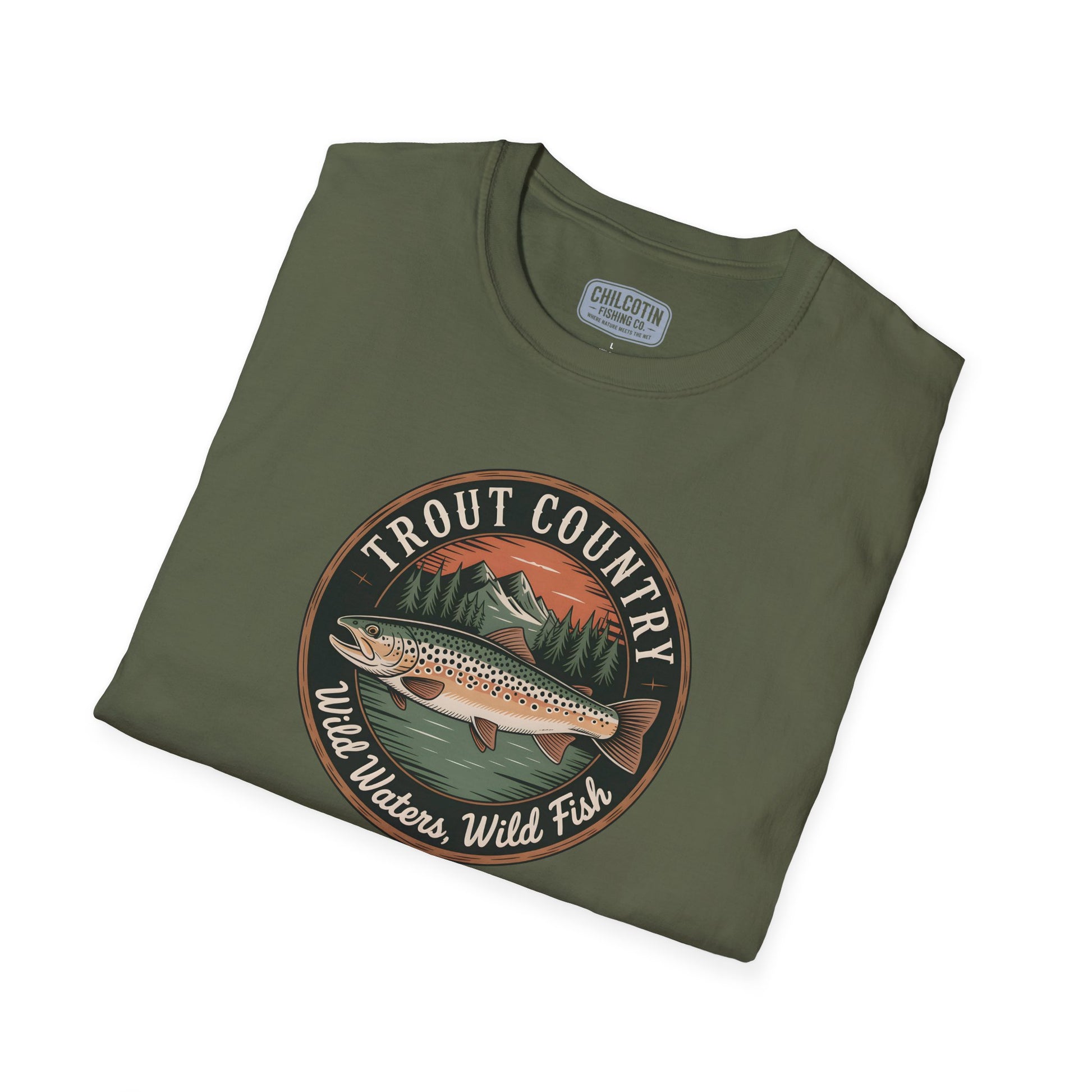 Close-up of brown trout badge design on Brown Trout Country T-Shirt