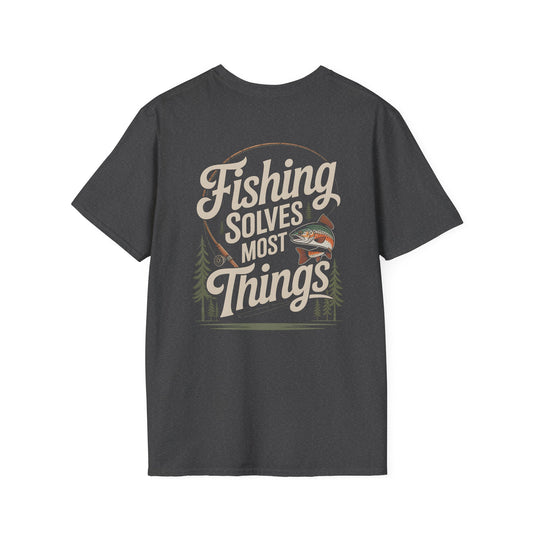 Fishing Solves Most Things Graphic Tee, Funny Fishing Shirt, Unisex Softstyle T-Shirt, Gift for Anglers, Fishing Enthusiast Apparel