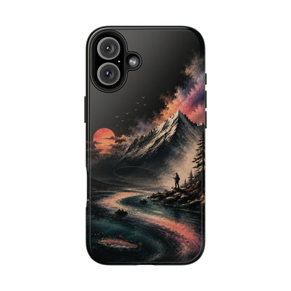Tough Phone Case — Cosmic Mountain Landscape with Sunset Hiker