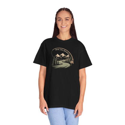 Adventure Road T-Shirt — Scenic Mountains & Trees Design (Home, Love, Adventure)