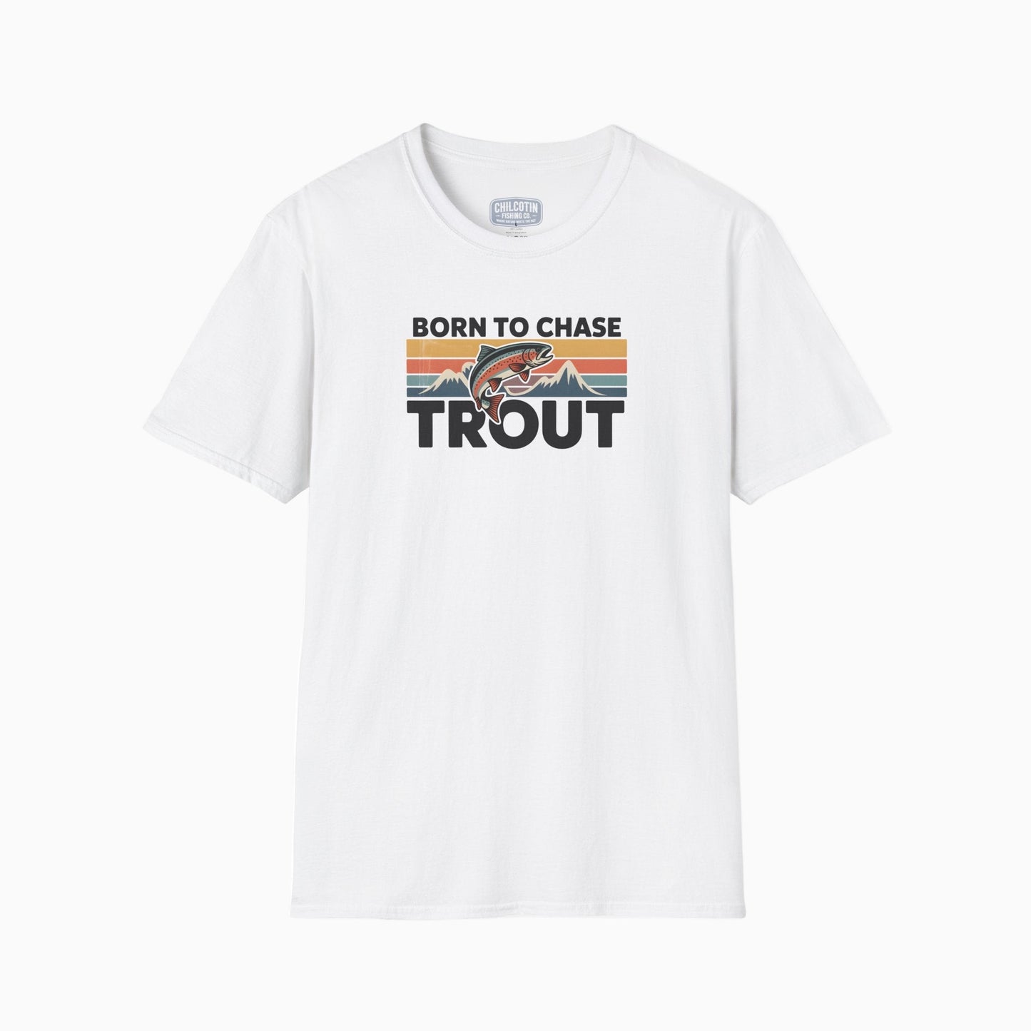 White t-shirt with 'Born to Chase Trout' graphic design on a white background