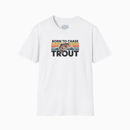 White t-shirt with 'Born to Chase Trout' graphic design on a white background