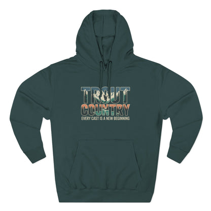Green hoodie with 'Trout Country' text on a white background