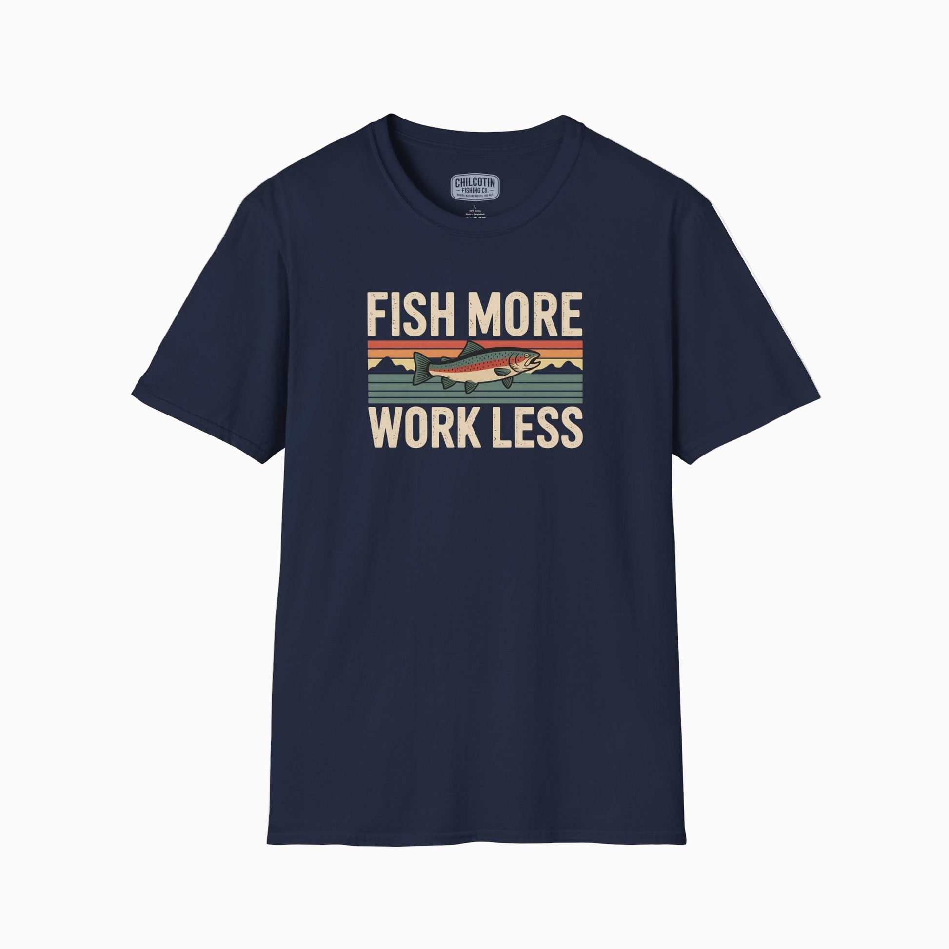 Navy blue t-shirt with 'Fish More Work Less' graphic on a white background
