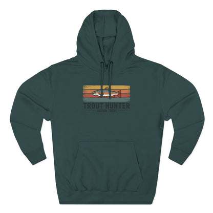 Green hoodie with 'Trout Hunter' graphic on a white background
