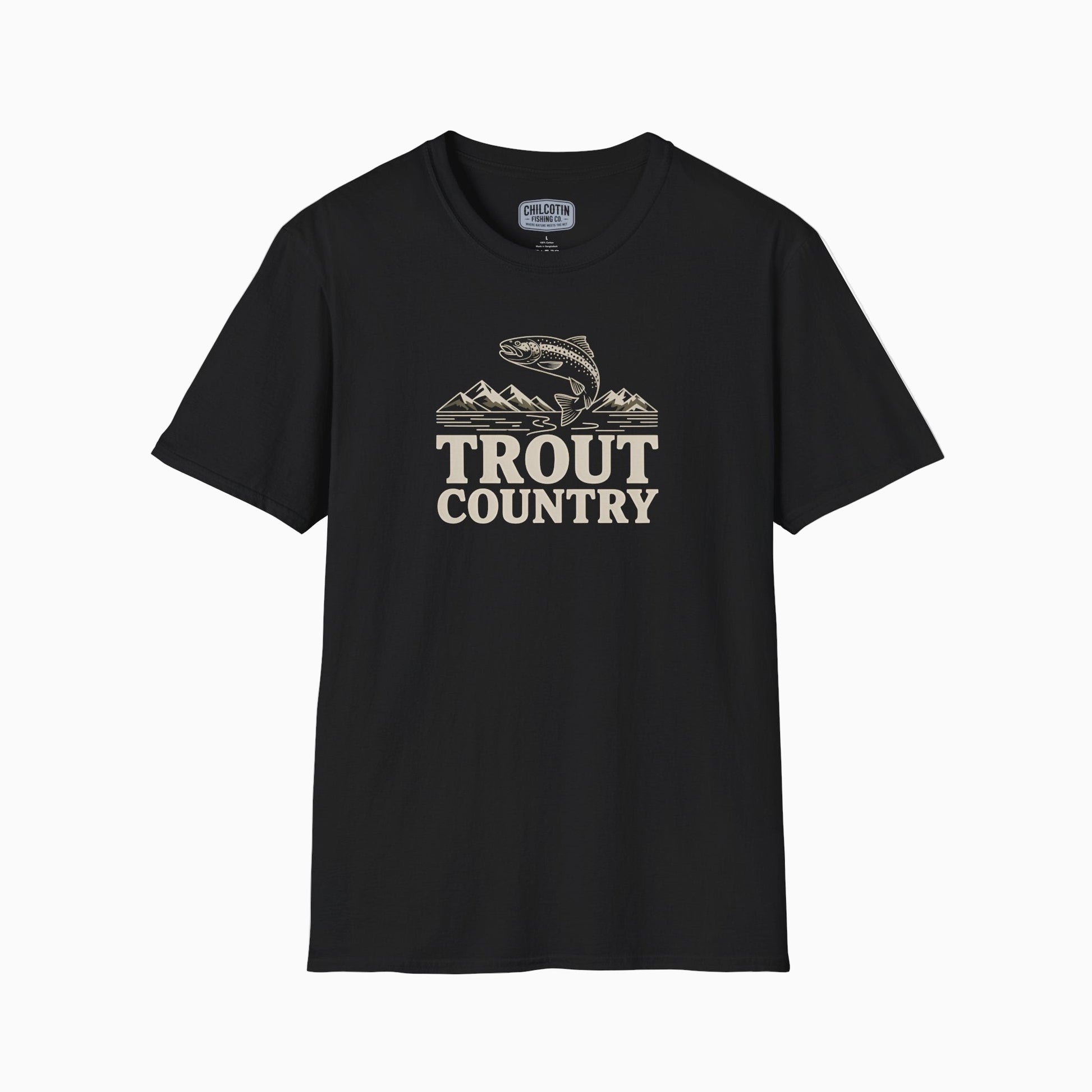 Black t-shirt with 'Trout Country' graphic design on a white background