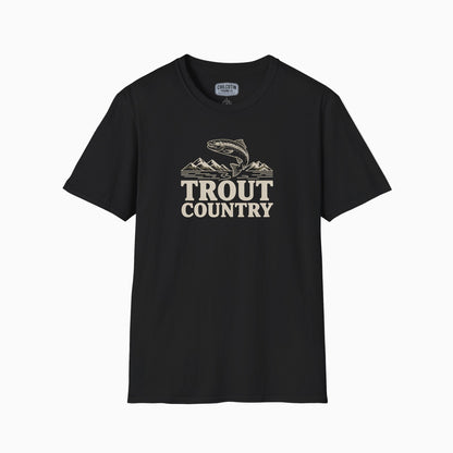 Black t-shirt with 'Trout Country' graphic design on a white background