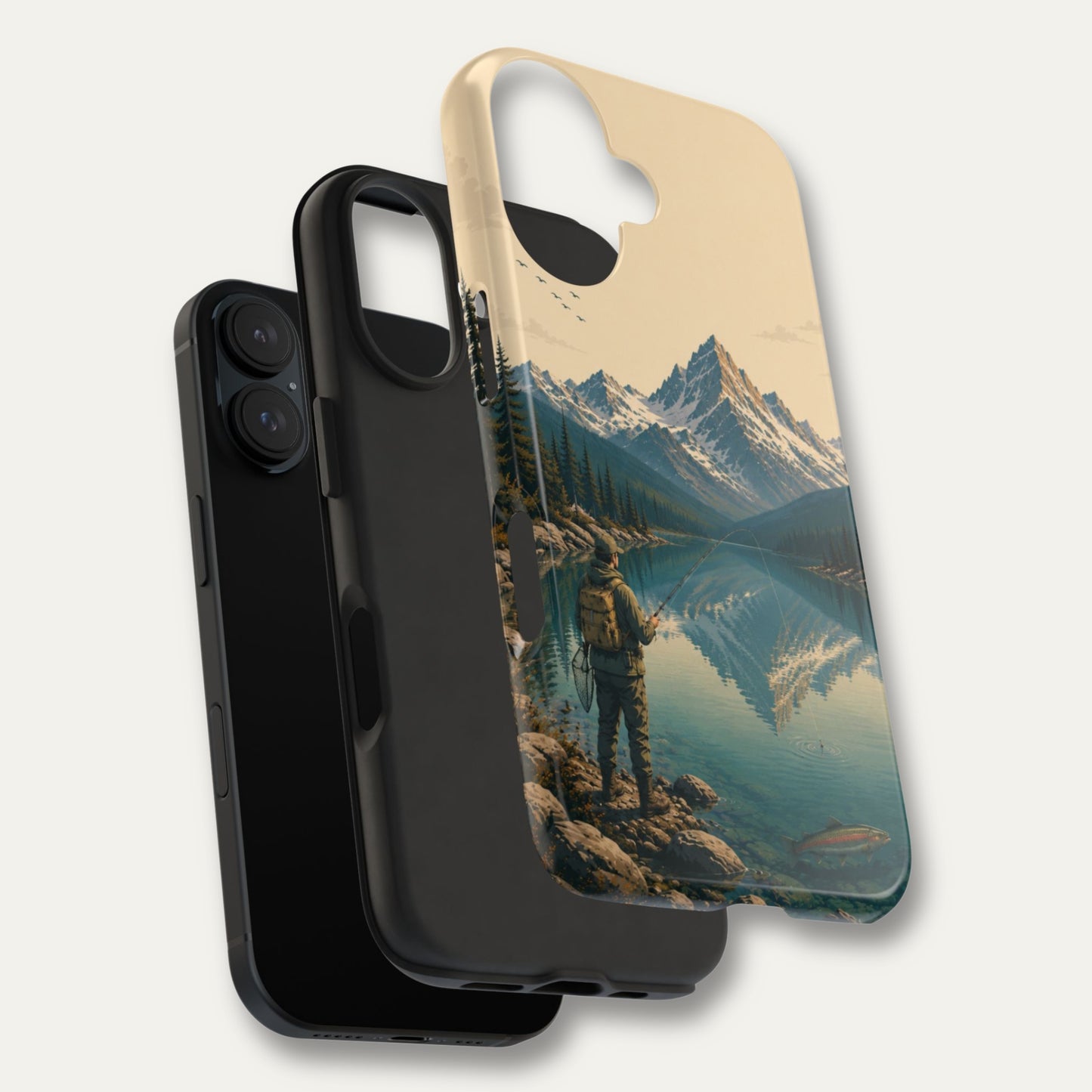 Mountain lake and trout artwork on a fly fishing phone case