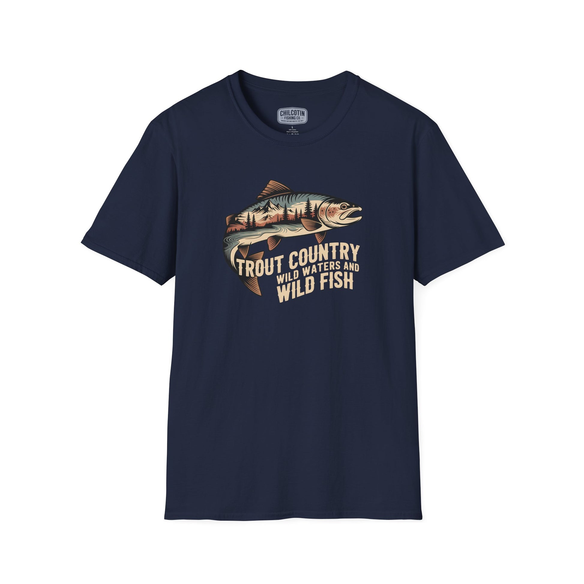 Navy blue t-shirt with a fish graphic and text on a white background