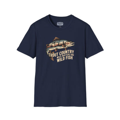 Navy blue t-shirt with a fish graphic and text on a white background