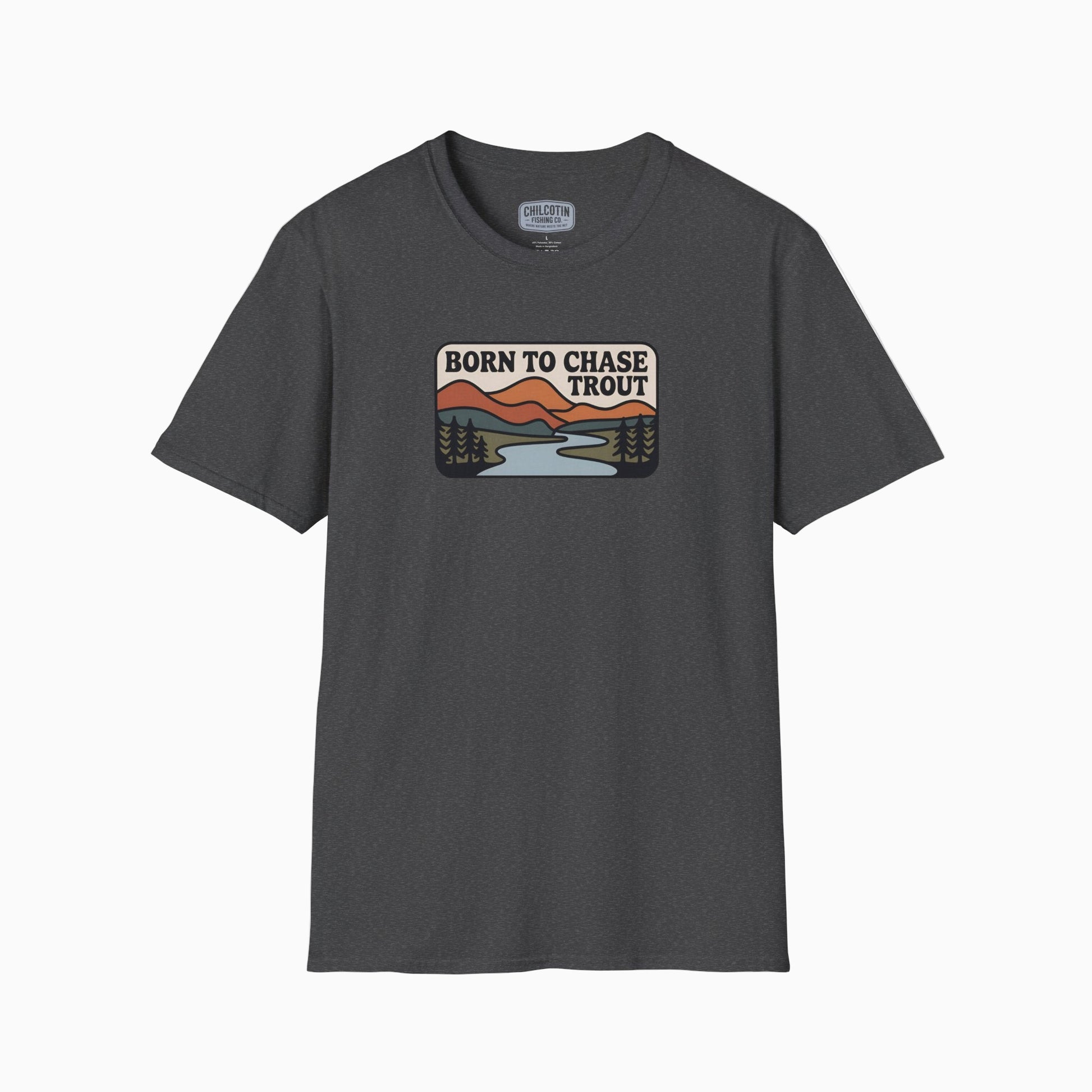 Gray t-shirt with nature graphic and 'Born to Chase Trout' text on a white background