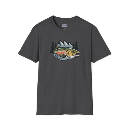 Gray t-shirt with a fish and mountain graphic on a white background