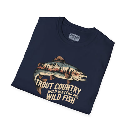 Folded navy blue t-shirt with fish graphic and text on a white background