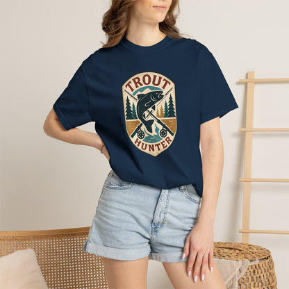 Trout Hunter T-Shirt — Vintage Fishing Badge Tee for Anglers