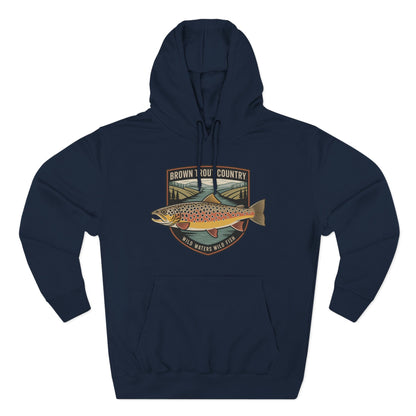 Navy blue hoodie with a fish graphic and text on a white background