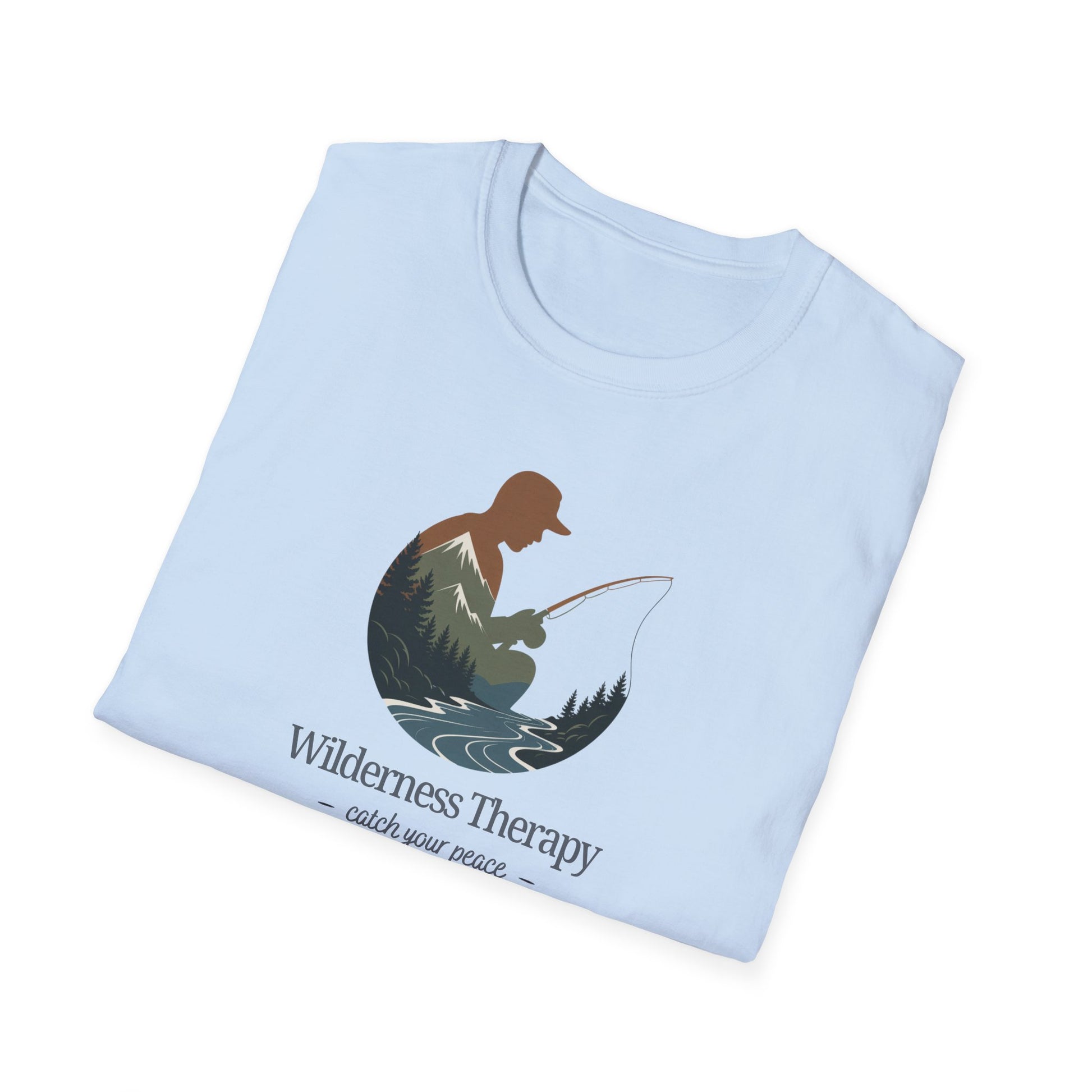 Light blue t-shirt with a graphic design and text on a white background