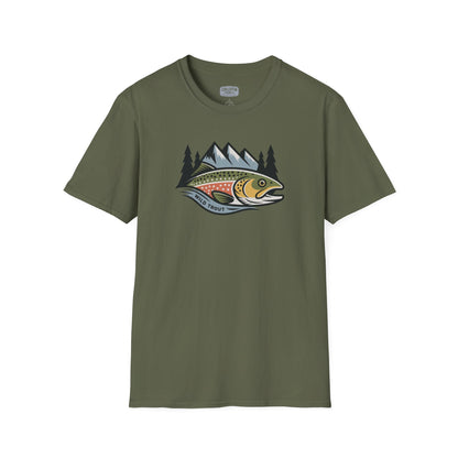 Green t-shirt with a fish and mountain graphic on a white background