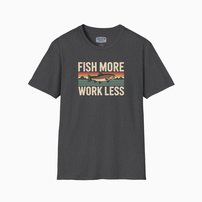 Gray t-shirt with 'Fish More Work Less' graphic on a white background