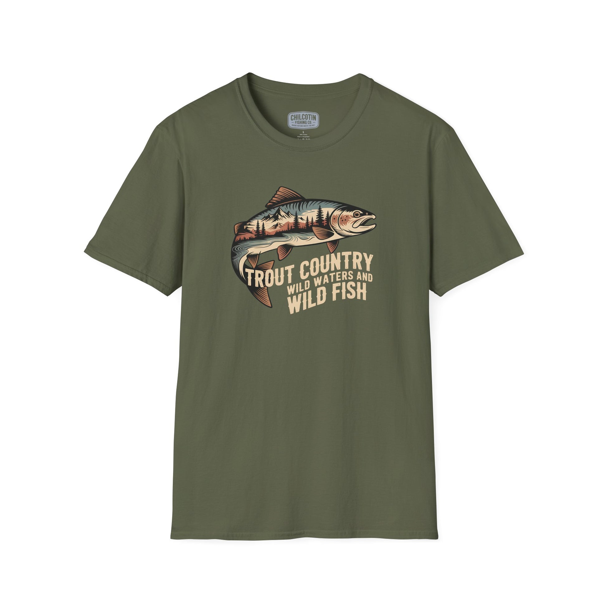 Green t-shirt with fish graphic and text on a white background