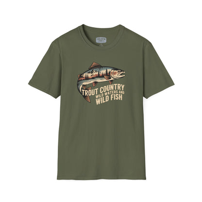 Green t-shirt with fish graphic and text on a white background