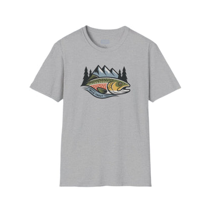 Gray t-shirt with a fish and mountain graphic on a white background