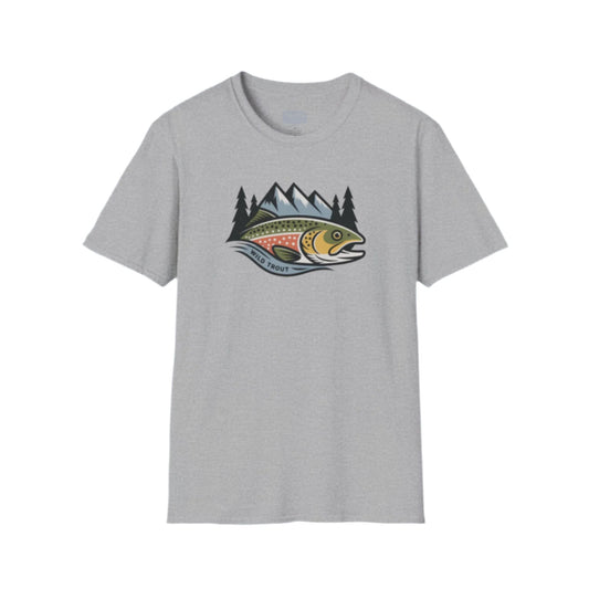 Gray t-shirt with a fish and mountain graphic on a white background
