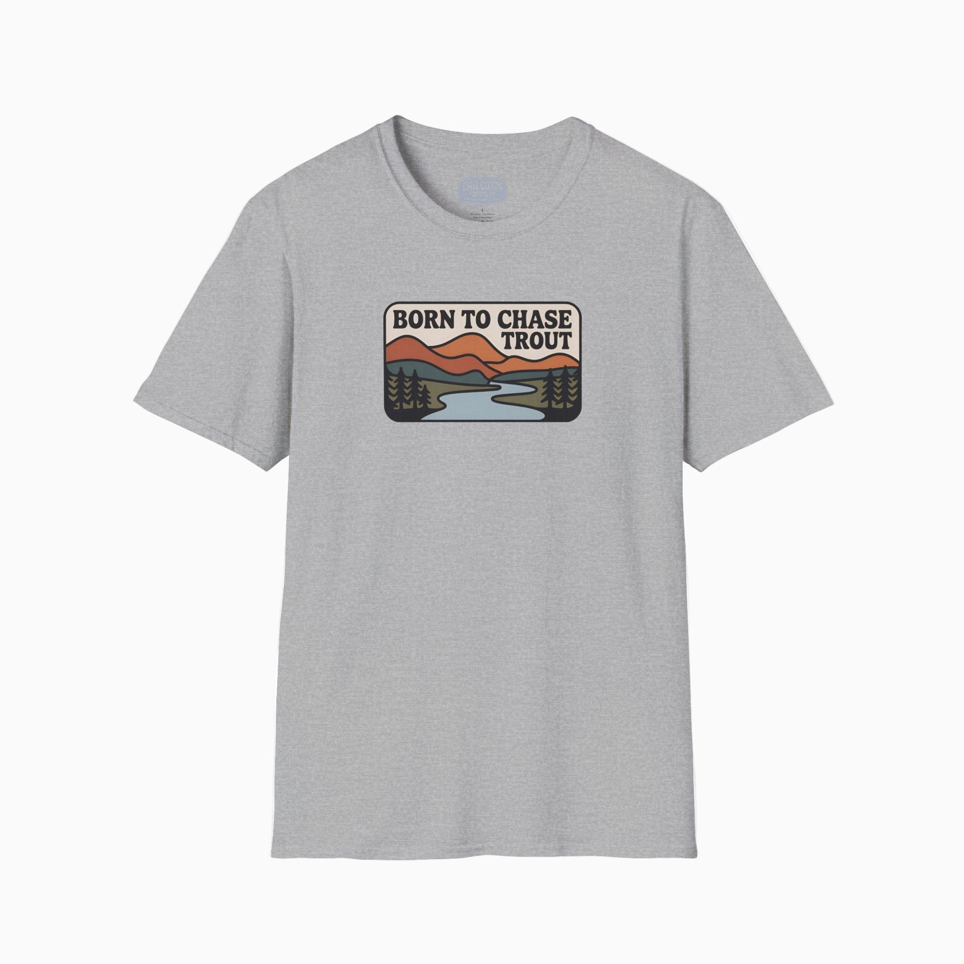 Gray t-shirt with 'Born to Chase Trout' graphic on a white background