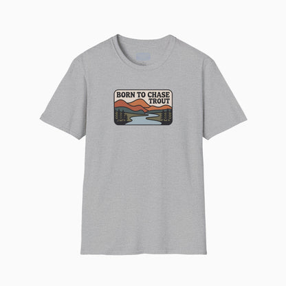 Gray t-shirt with 'Born to Chase Trout' graphic on a white background