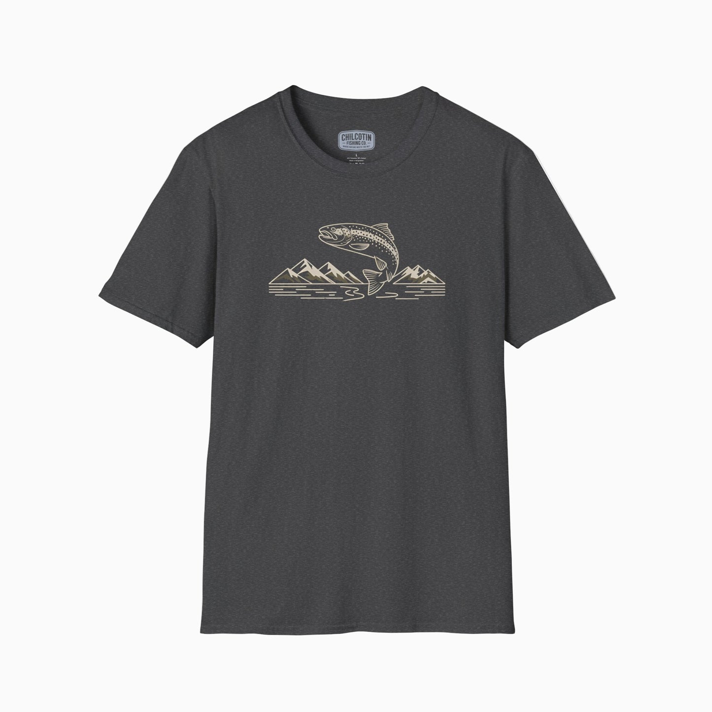 Gray t-shirt with a graphic design of a fish and mountains on a white background