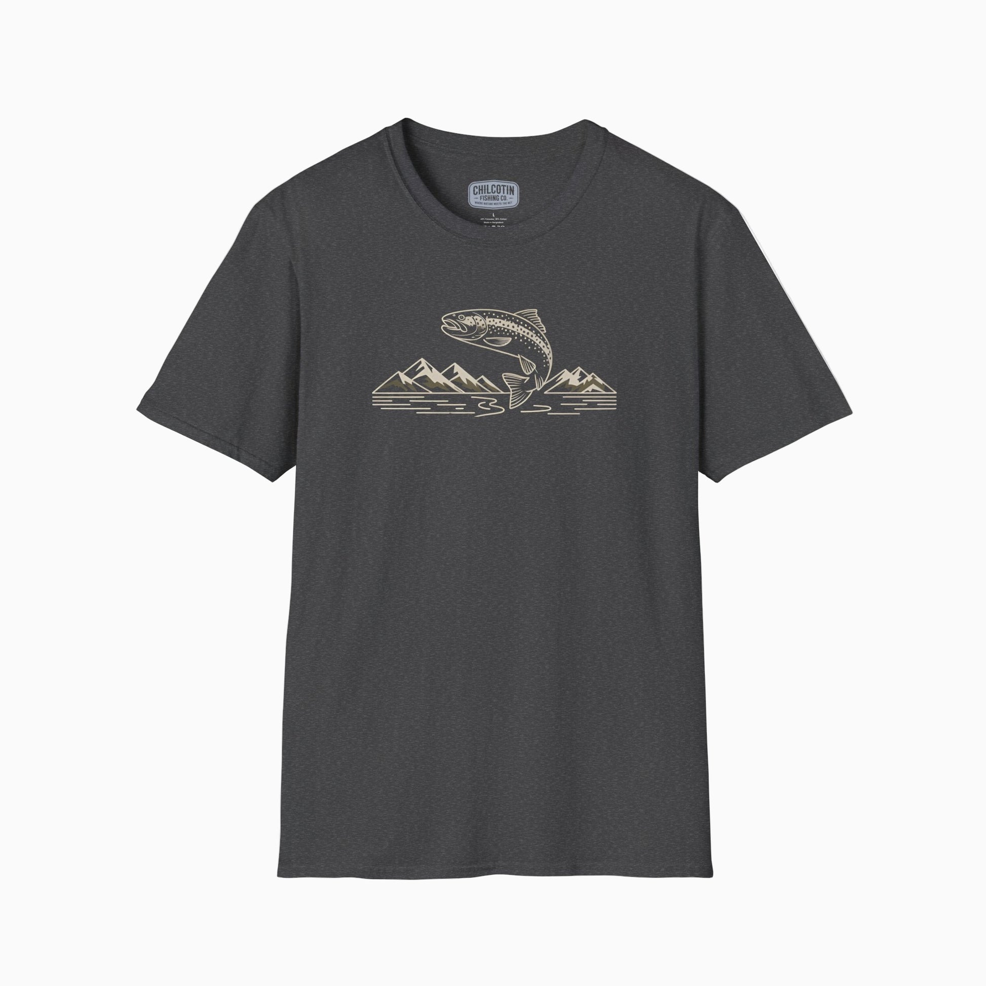 Gray t-shirt with a graphic design of a fish and mountains on a white background