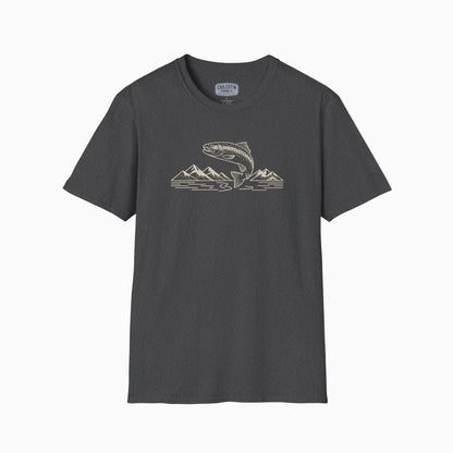 Gray t-shirt with a graphic design of a fish and mountains on a white background