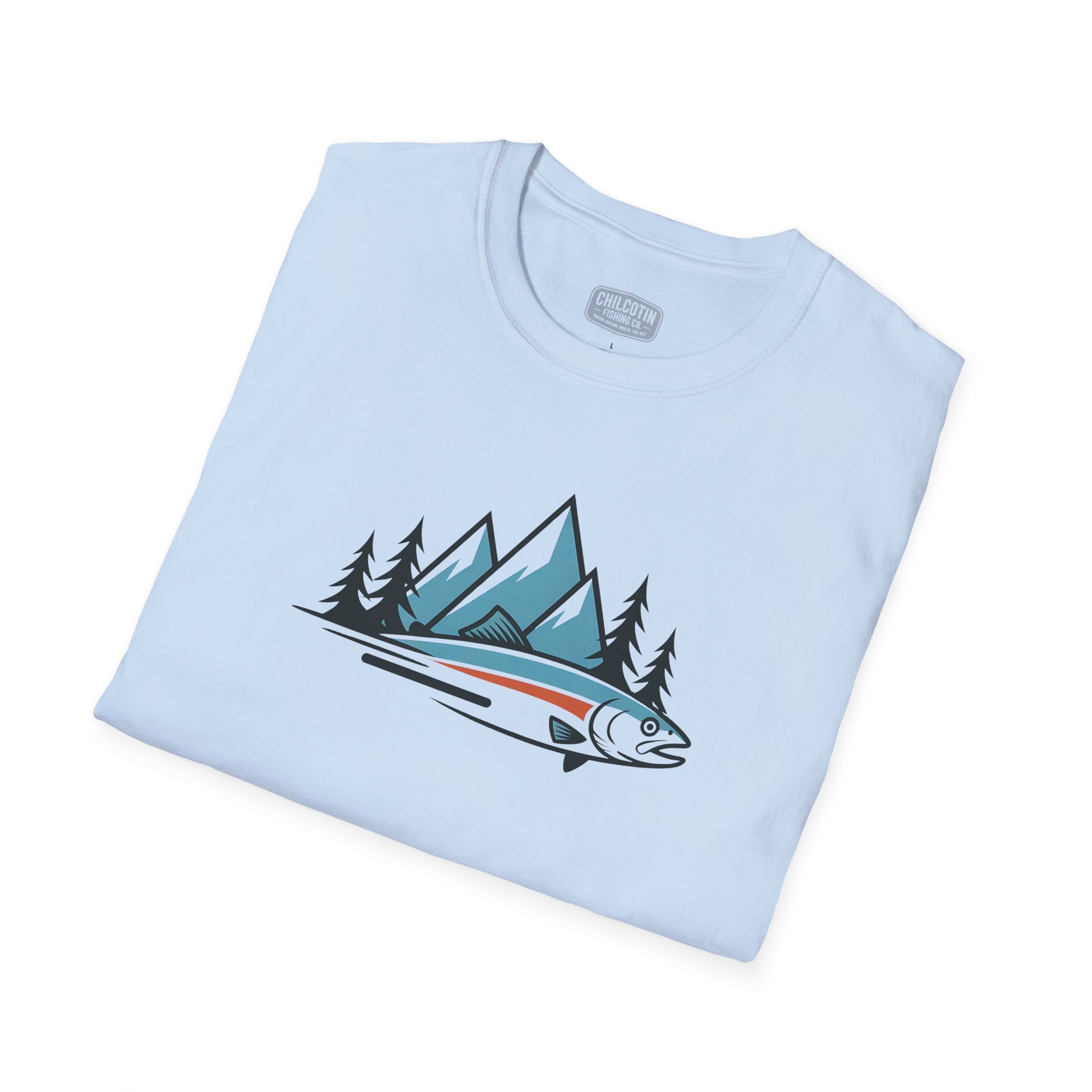 Light blue t-shirt with mountain and fish design on a white background