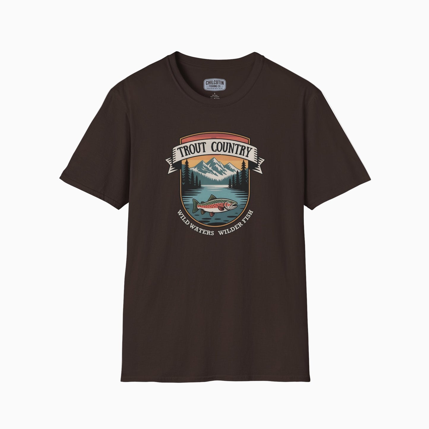 Brown t-shirt with 'Trout Country' graphic design on a white background