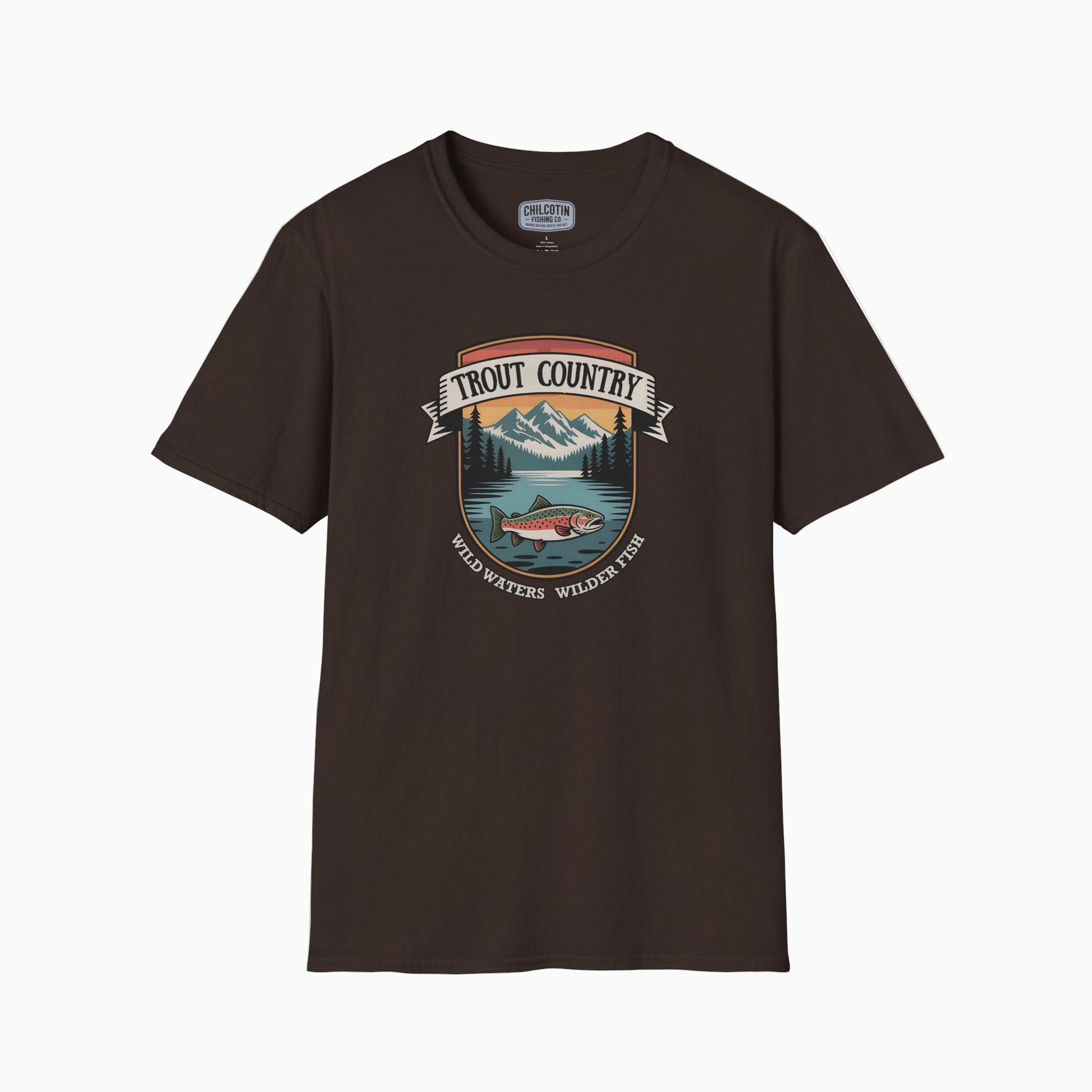 Brown t-shirt with 'Trout Country' graphic design on a white background