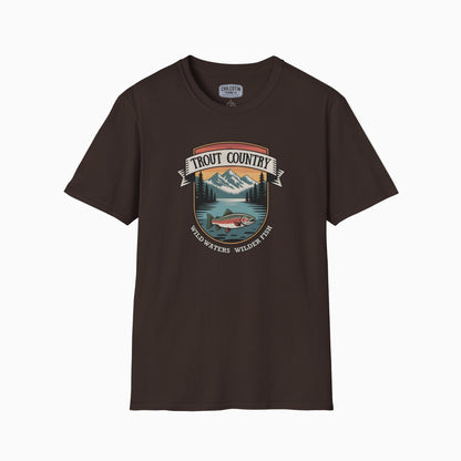 Brown t-shirt with 'Trout Country' graphic design on a white background