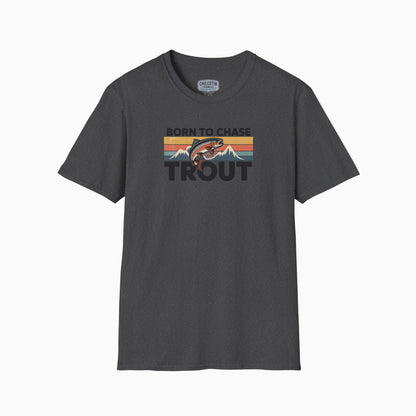 Gray t-shirt with 'Born to Chase Trout' graphic on a white background