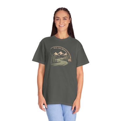 Adventure Road T-Shirt — Scenic Mountains & Trees Design (Home, Love, Adventure)