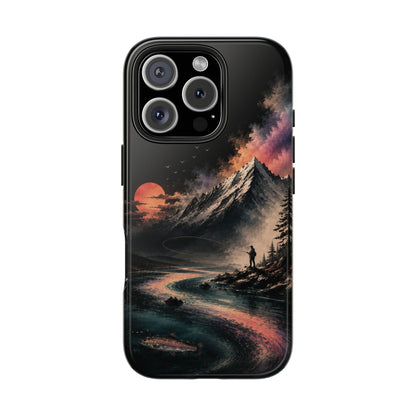 Tough Phone Case — Cosmic Mountain Landscape with Sunset Hiker