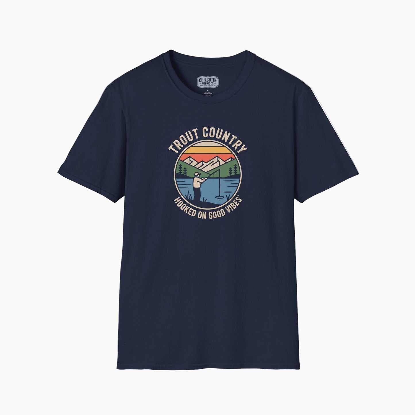 Navy blue t-shirt with 'Trout Country' graphic design on a white background